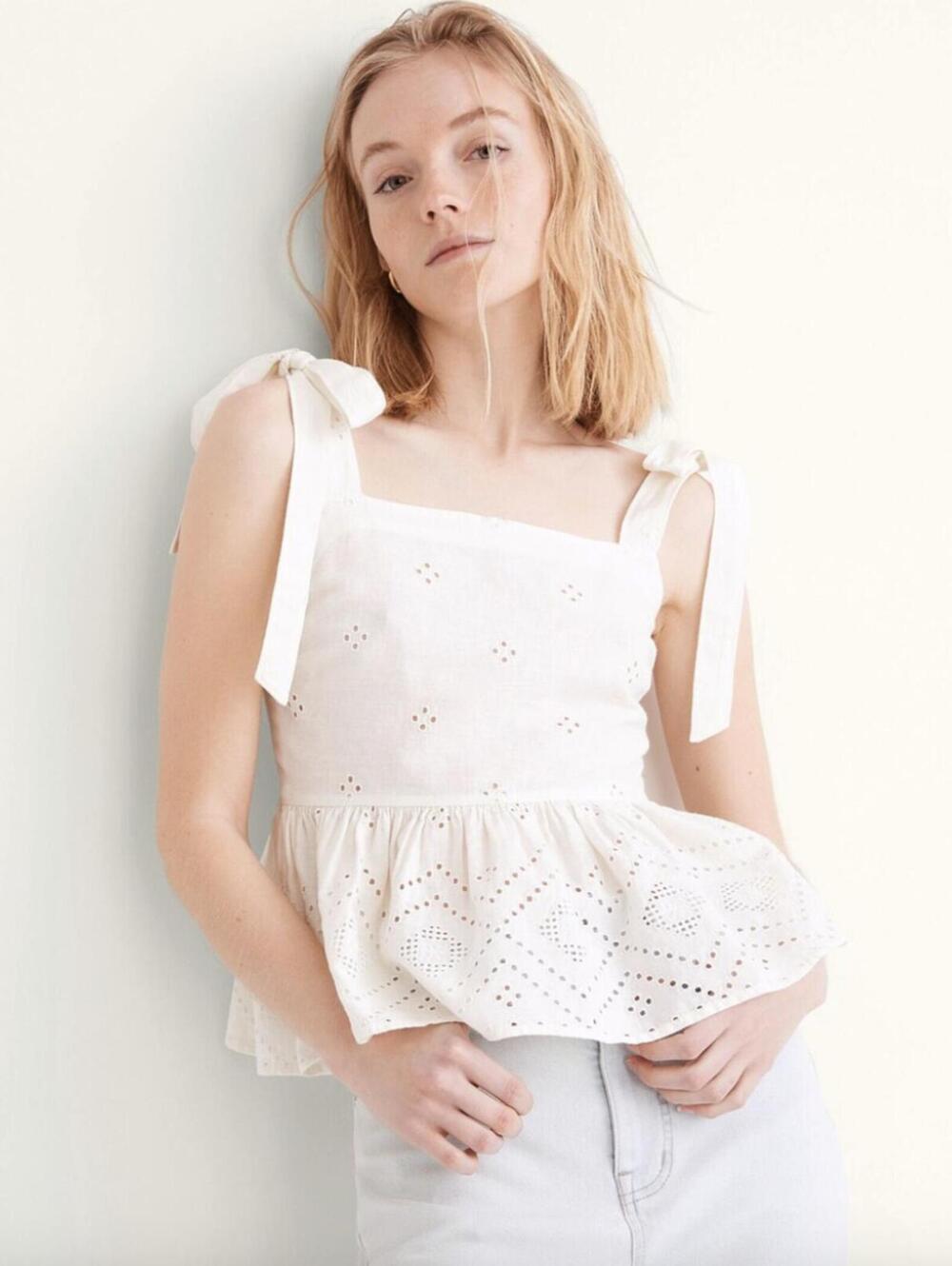 Madewell Cream Eyelet Tie-Shoulder Peplum Tank
